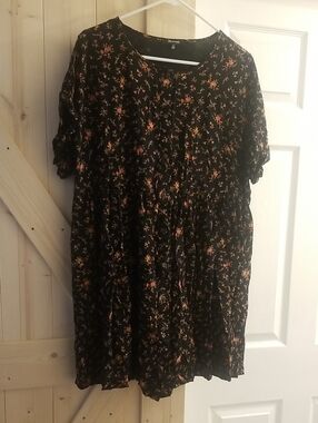Madewell Black Babydoll Dress with Pink & Orange Floral Print Sz XL